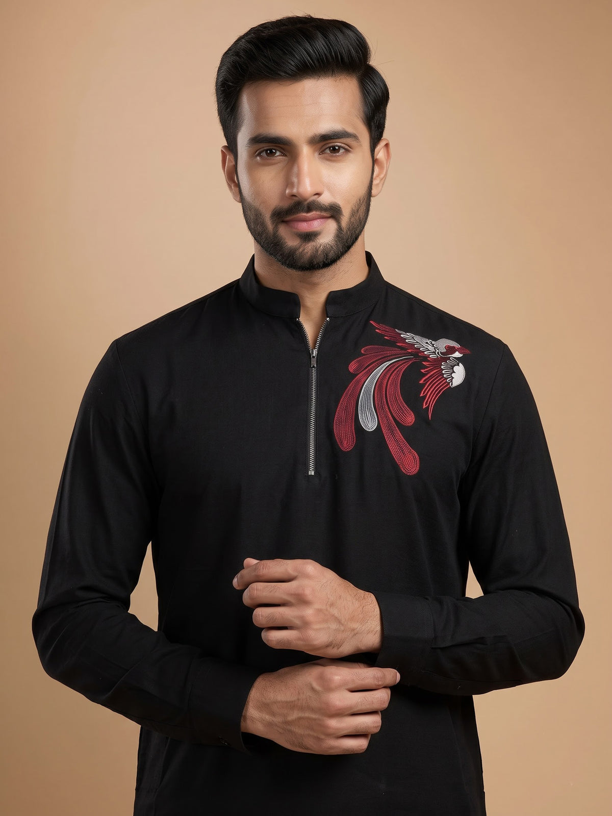 Jet black cotton short kurta with avian motif embroidery