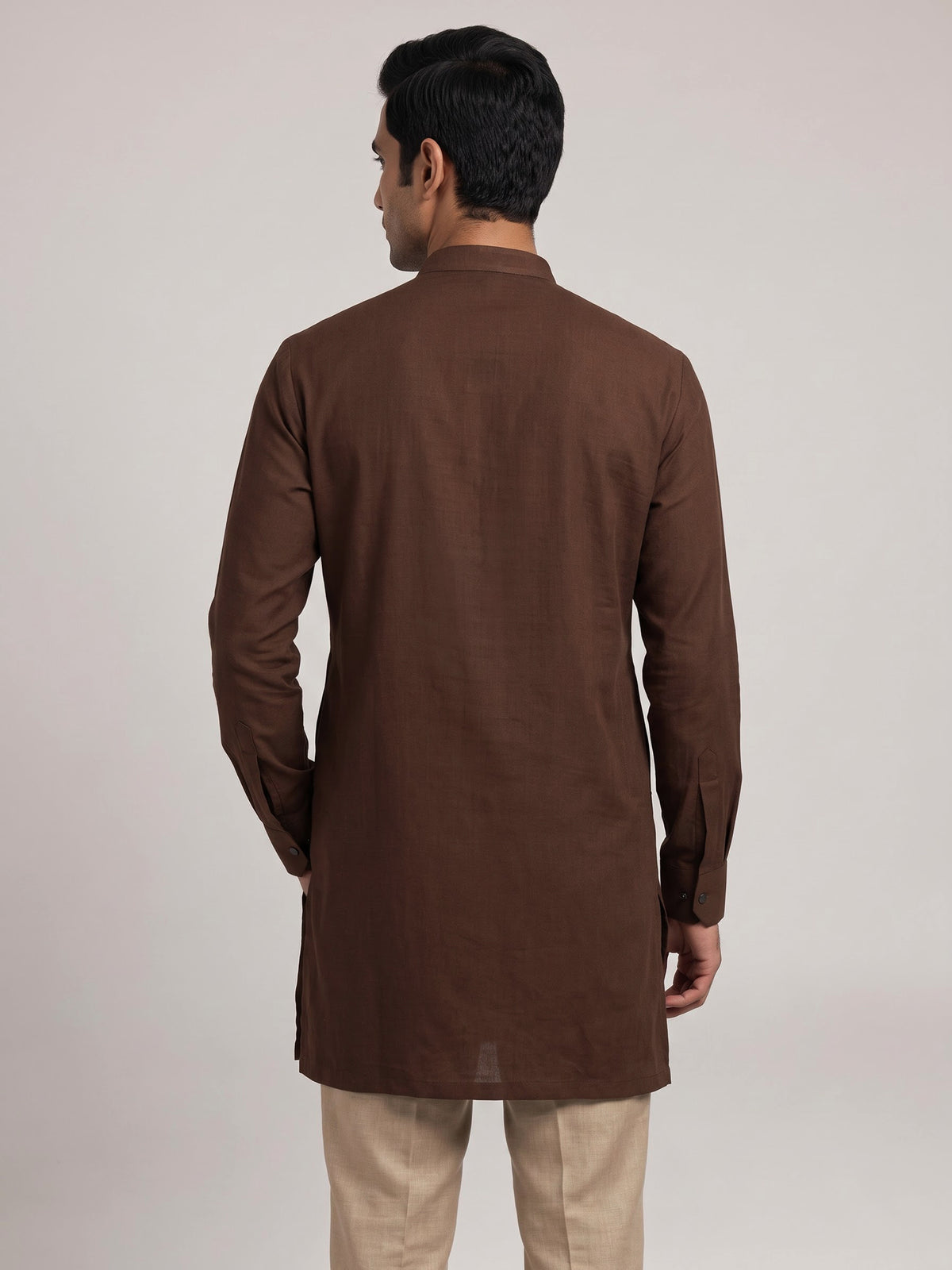 Dark chocolate brown cotton short kurta with embroidery
