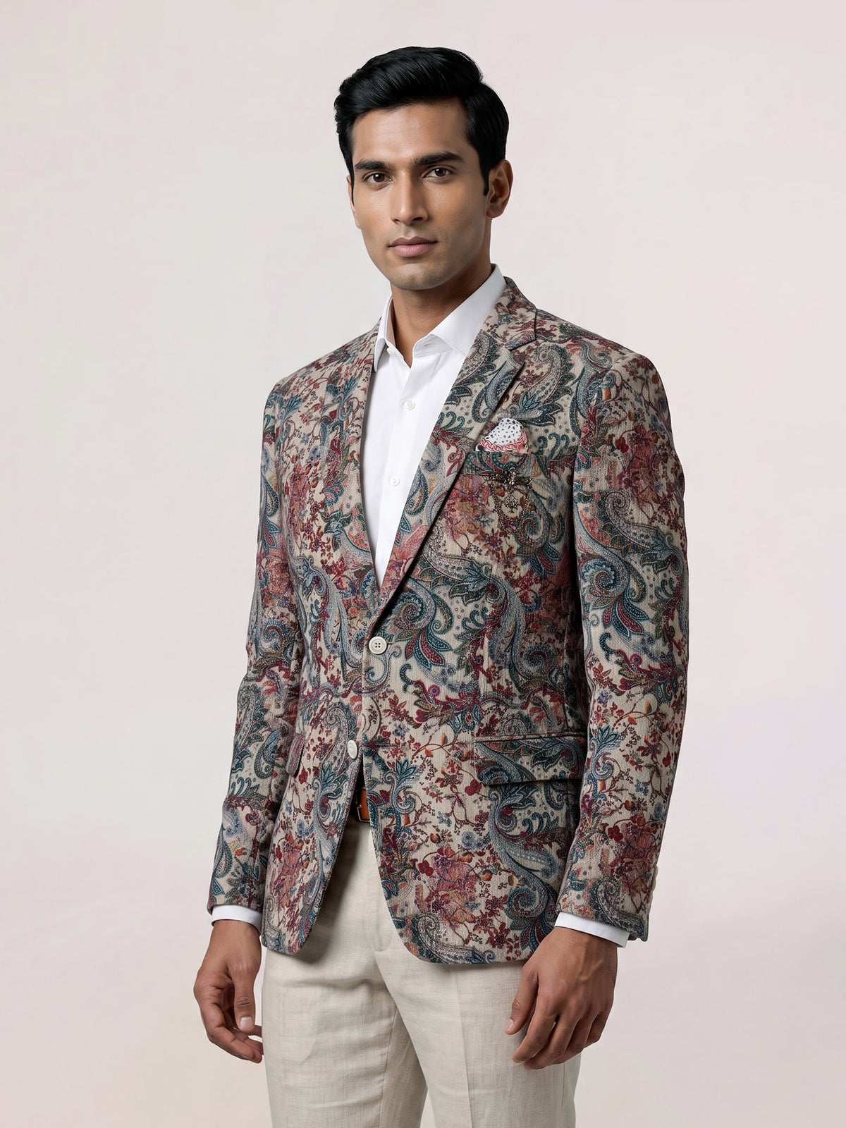 Cream vintage tapestry print mens blazer