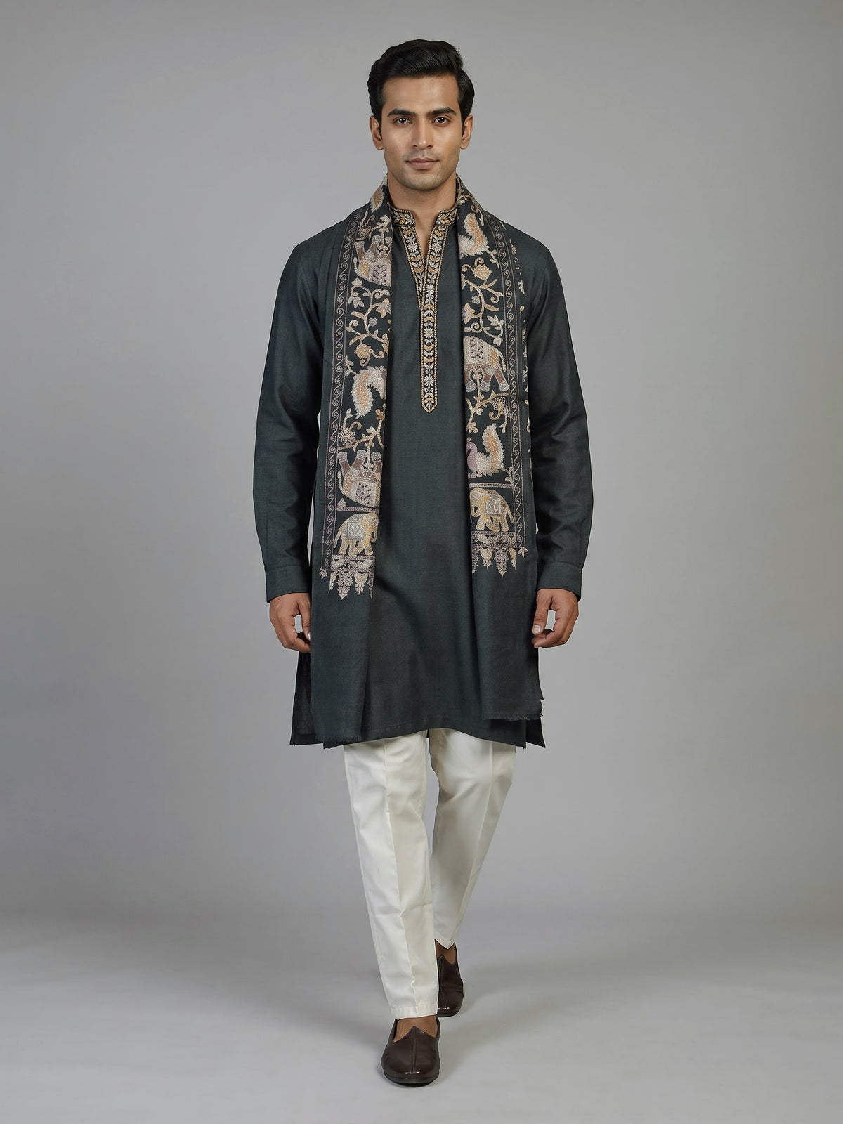 Black cotton kurta suit for men with mirror detailing