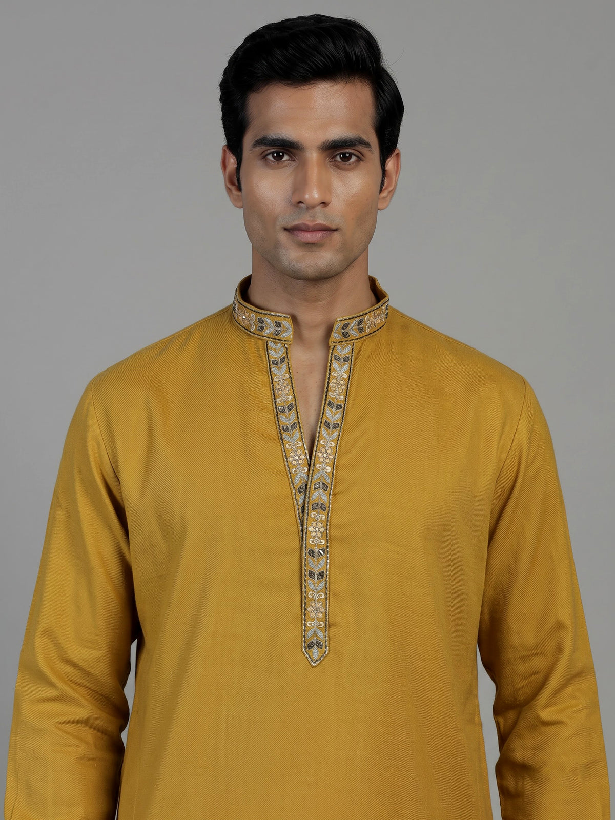 Bright yellow cotton kurta suit for men with mirror embellishments