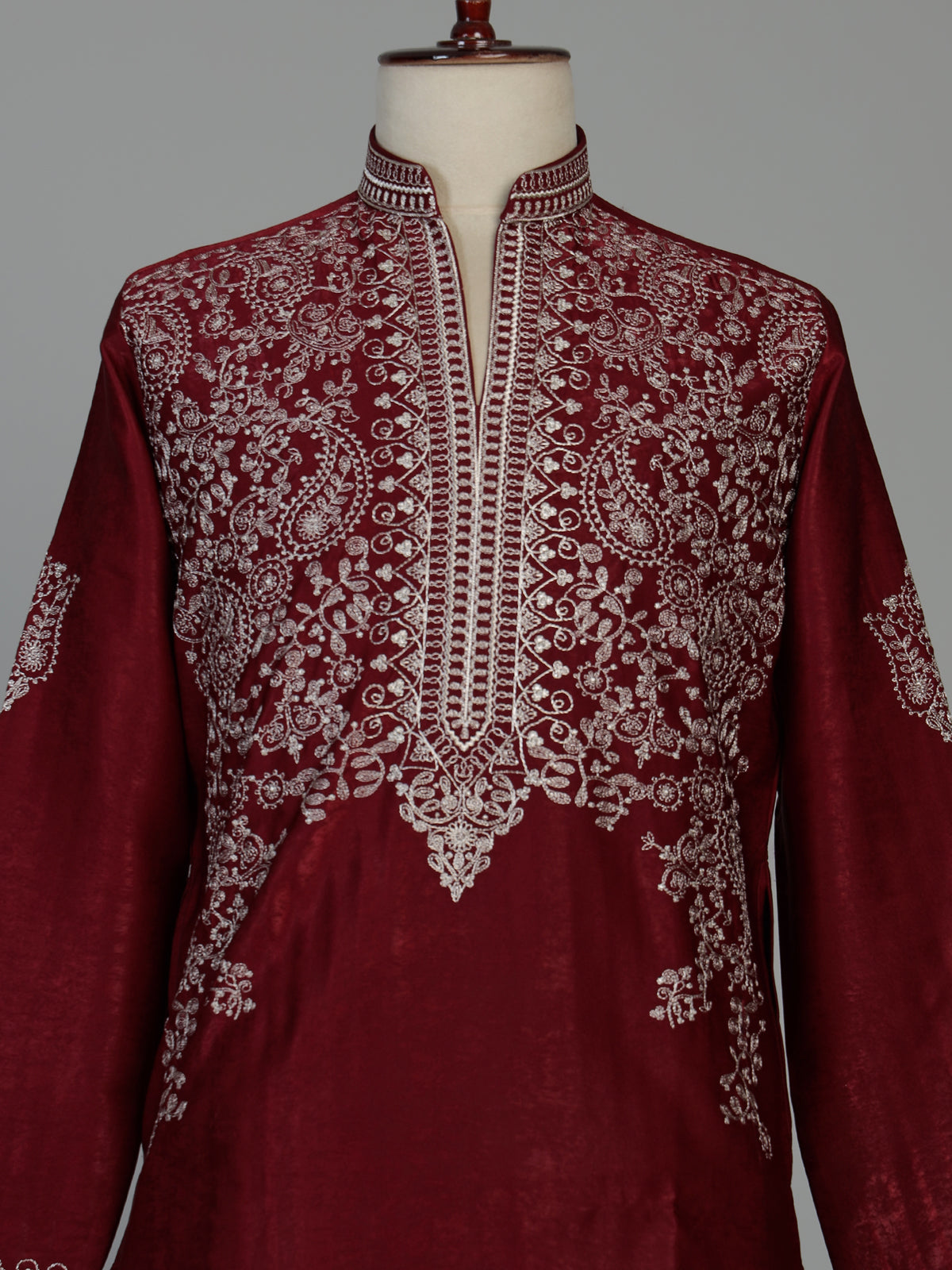 Maroon silk kurta suit for men with refined embroidery work
