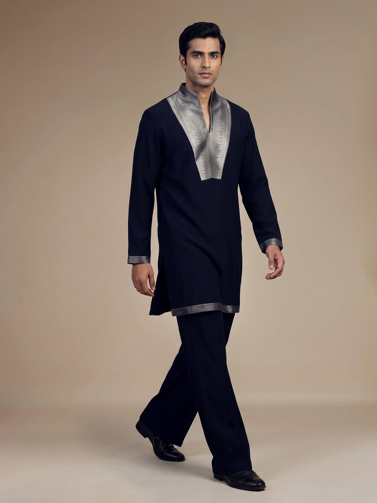 Classic black cotton kurta suit for men with threadwork detailing