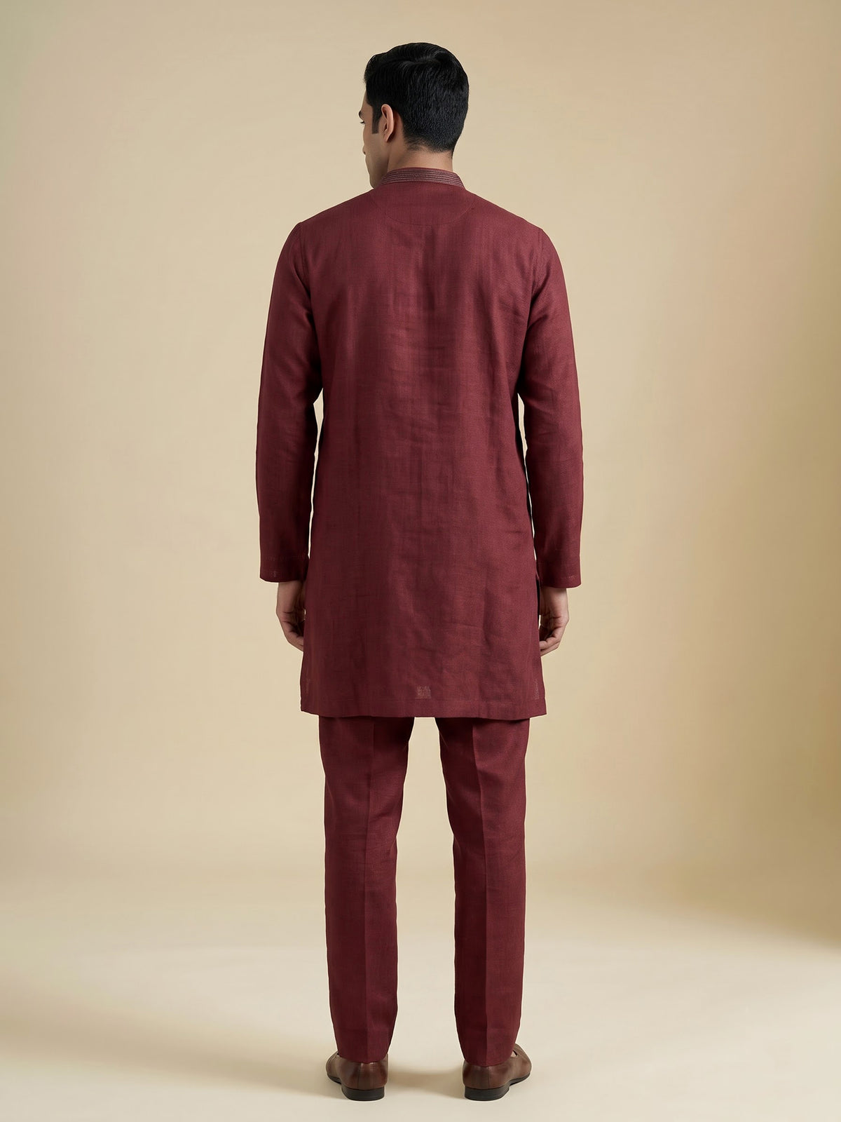 Maroon cotton linen kurta suit for men with festive embellishments