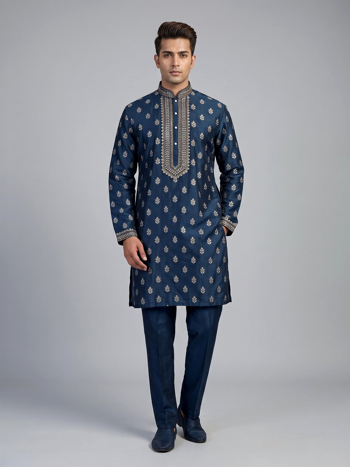 Navy silk kurta suit for men with zari and cutdana work