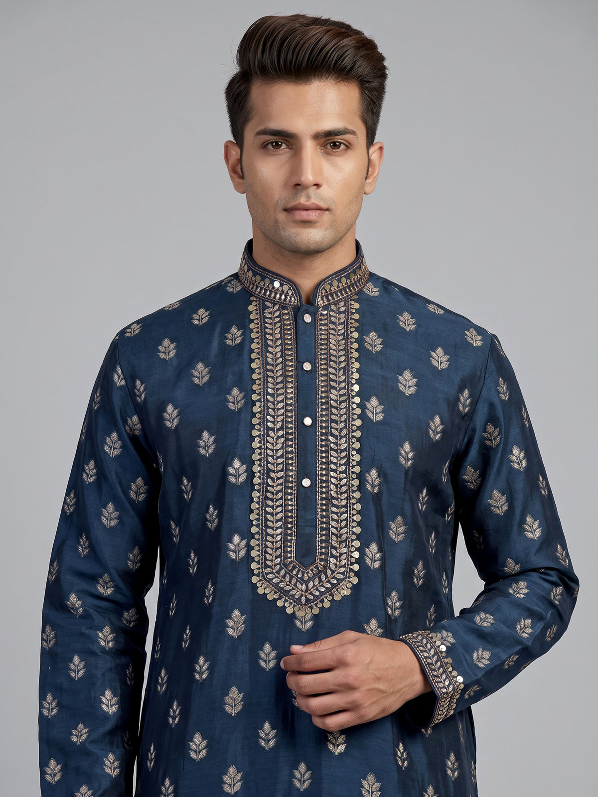 Navy silk kurta suit for men with zari and cutdana work