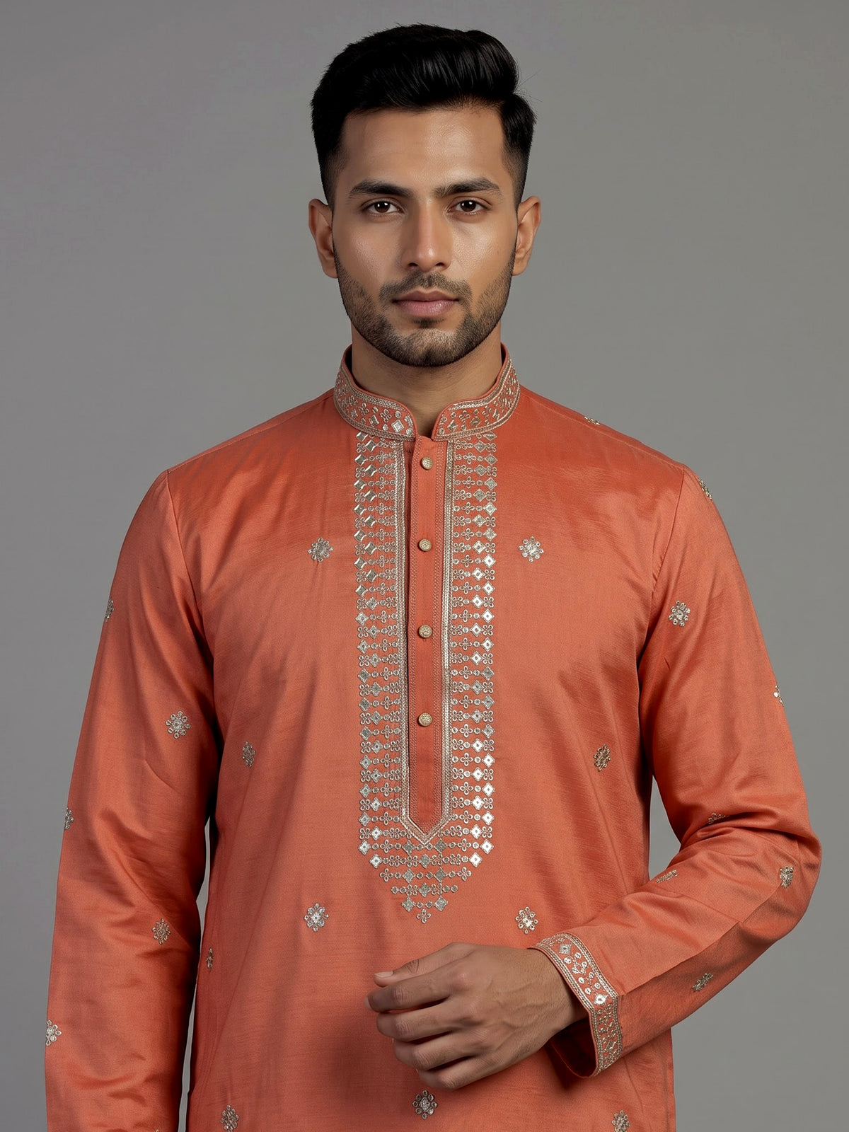 Orange cotton silk embroidered kurta suit for men celebrations