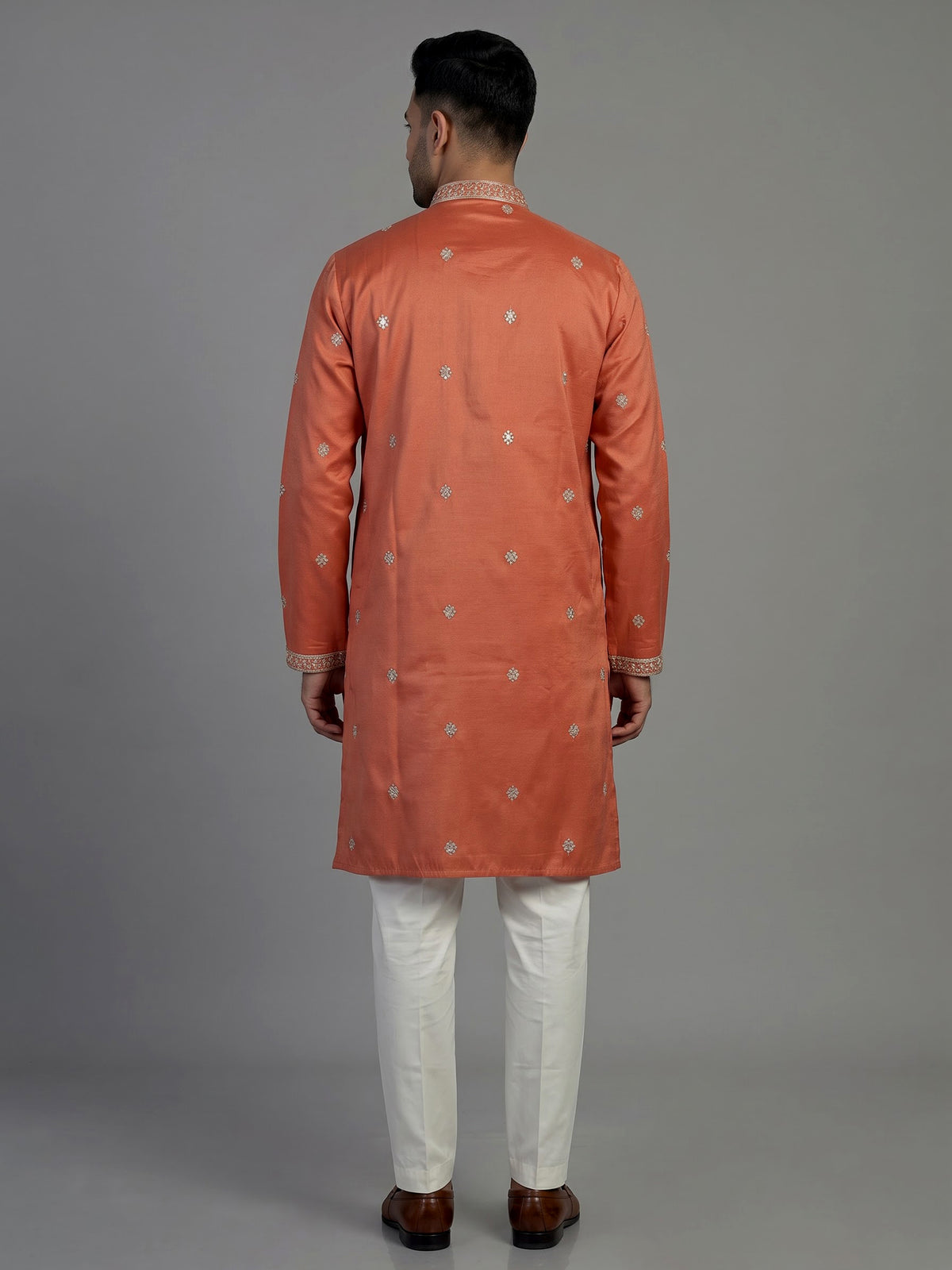 Orange cotton silk embroidered kurta suit for men celebrations