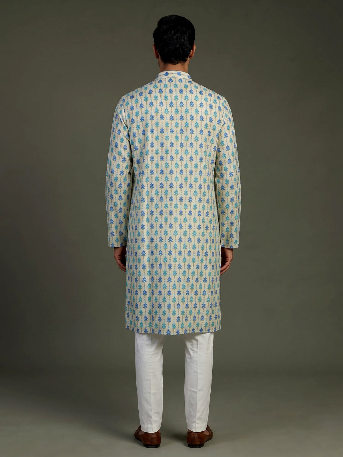 Cream and blue printed silk kurta suit for men with threadwork