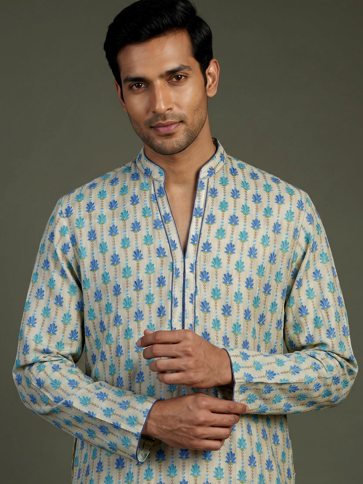 Cream and blue printed silk kurta suit for men with threadwork