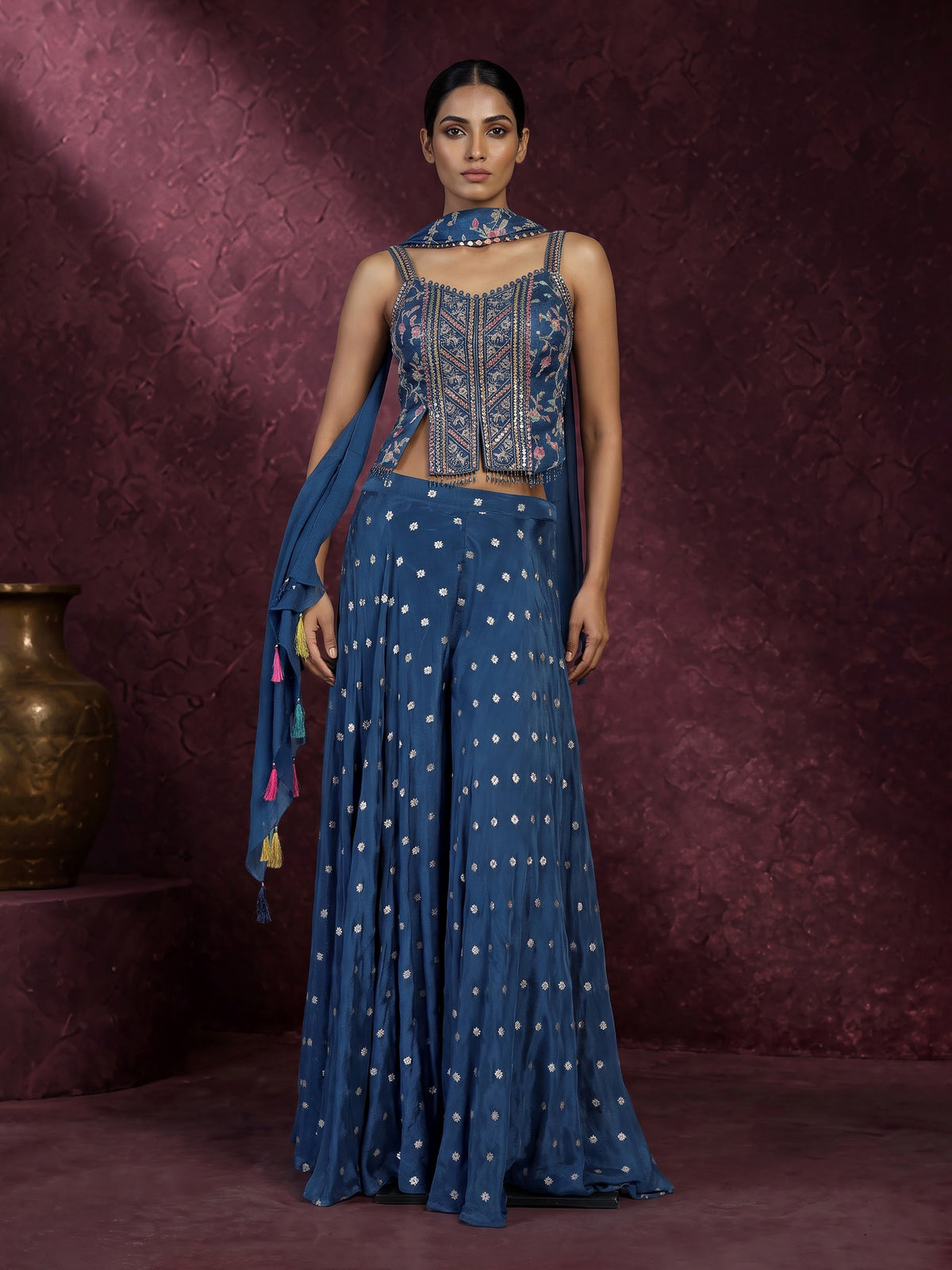 Blue chiffon silk palazzo suit for women with dupatta