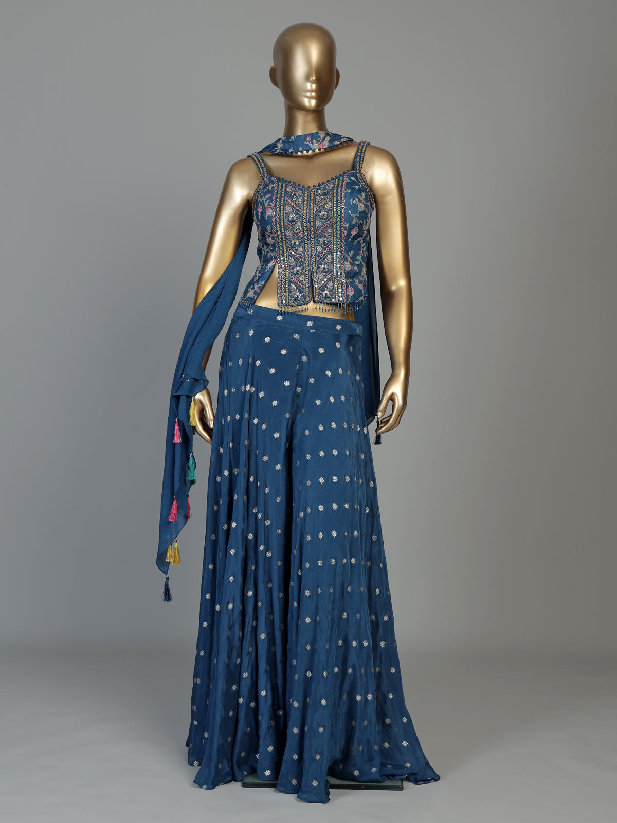 Blue chiffon silk palazzo suit for women with dupatta