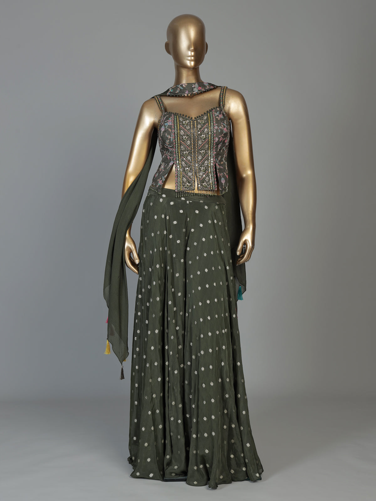 Mehendi green chiffon silk palazzo suit for women with dupatta