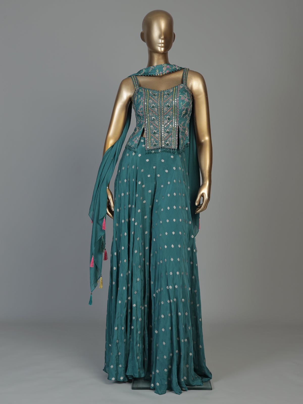 Rama green chiffon silk palazzo suit for women with dupatta