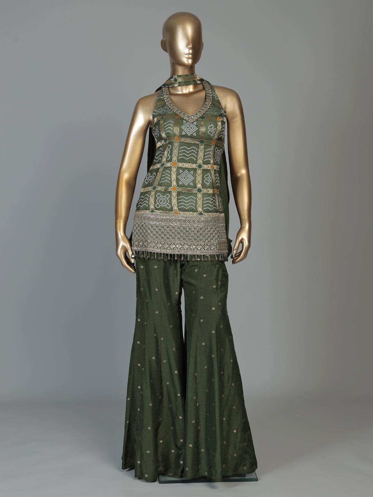 Mehendi green silk palazzo suit for women with dupatta