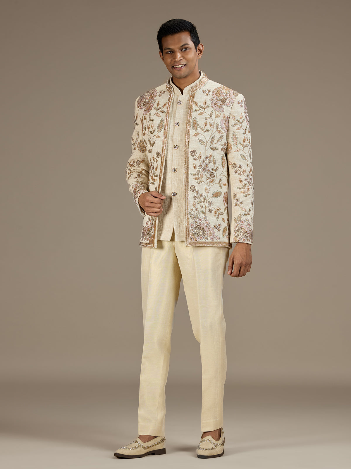 Beige mens heritage embroidered jodhpuri suit