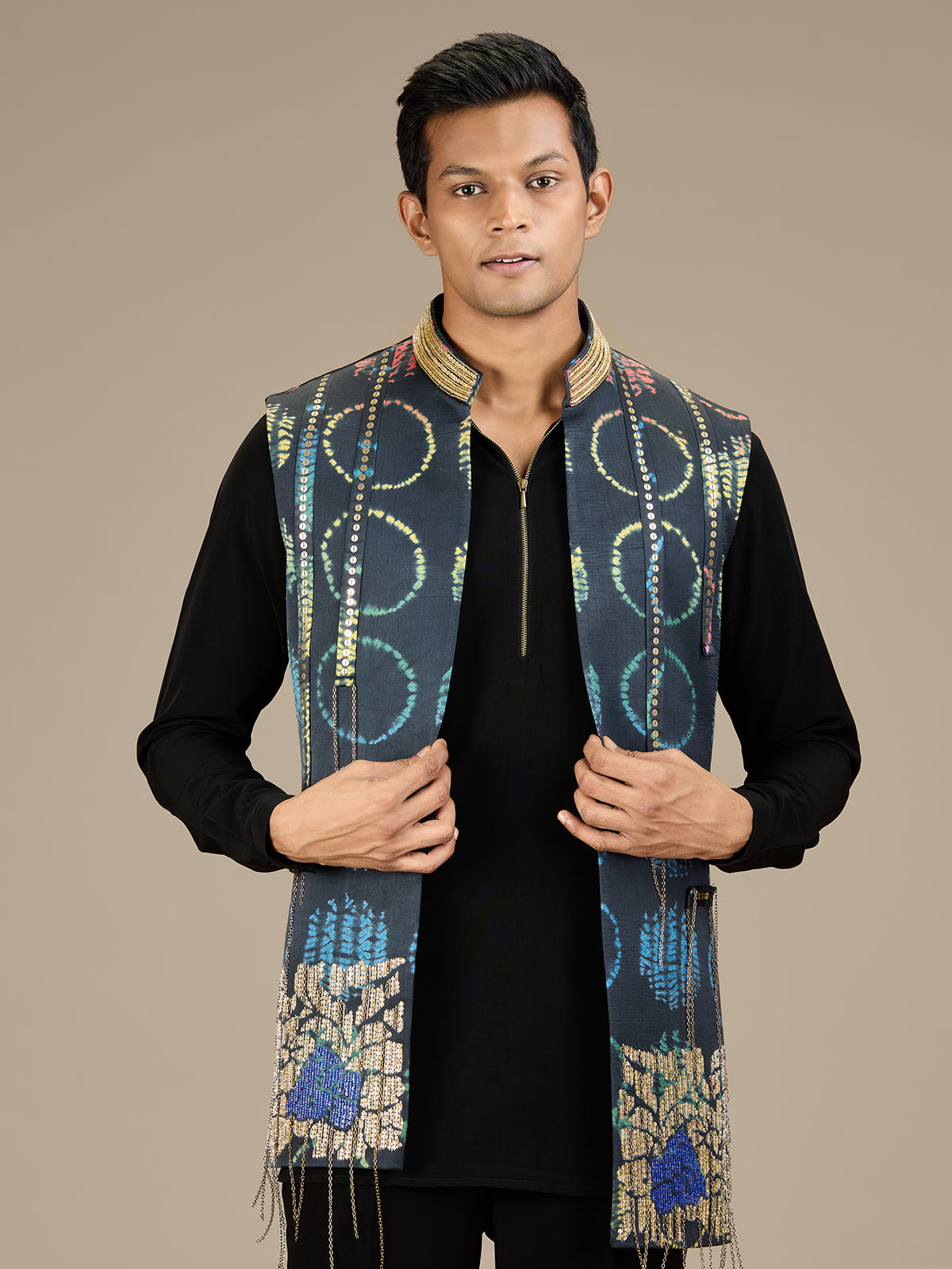 Black mens contemporary bandhani longline waistcoat set