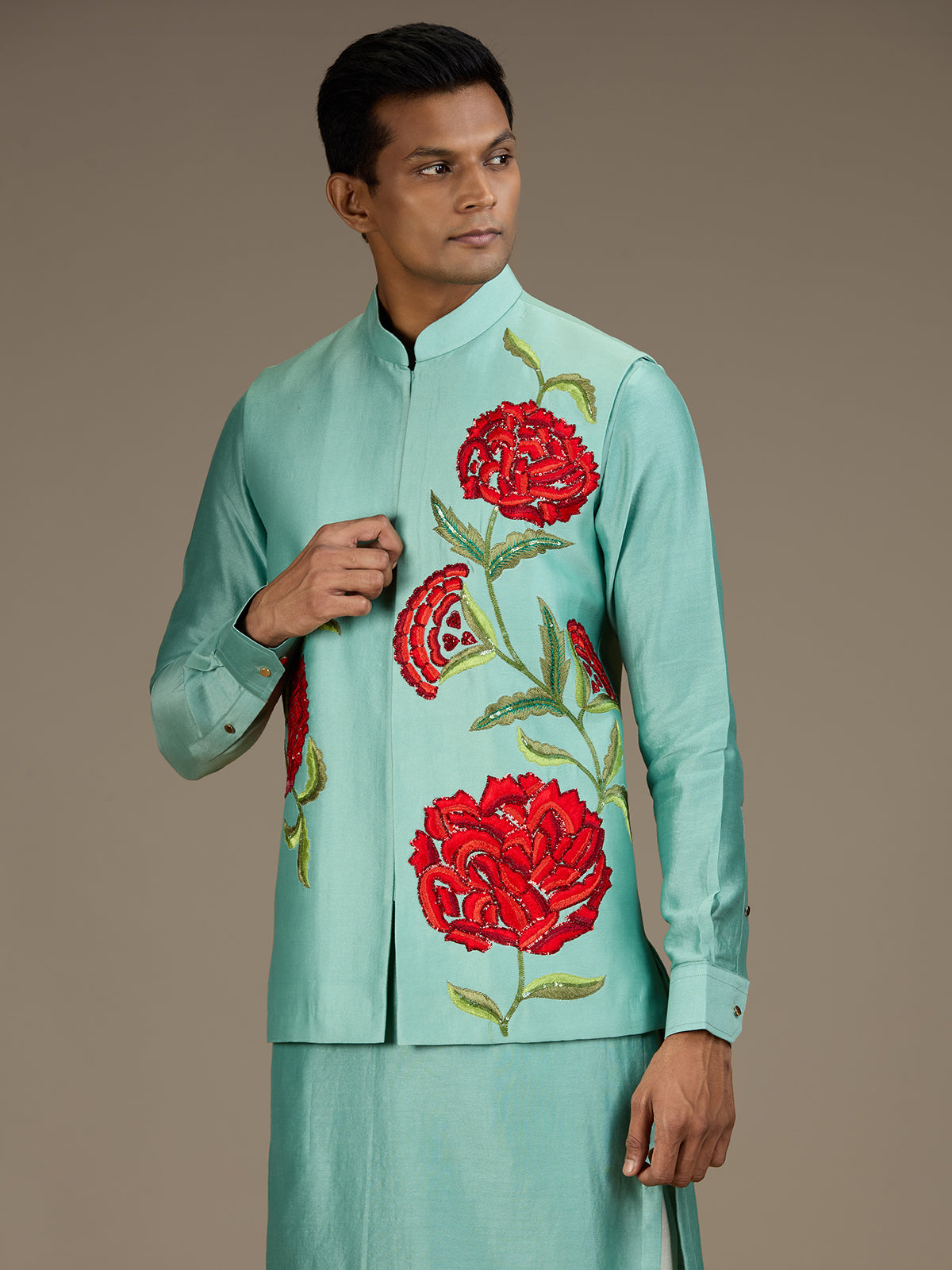 Sea green mens statement silk nehru waistcoat set