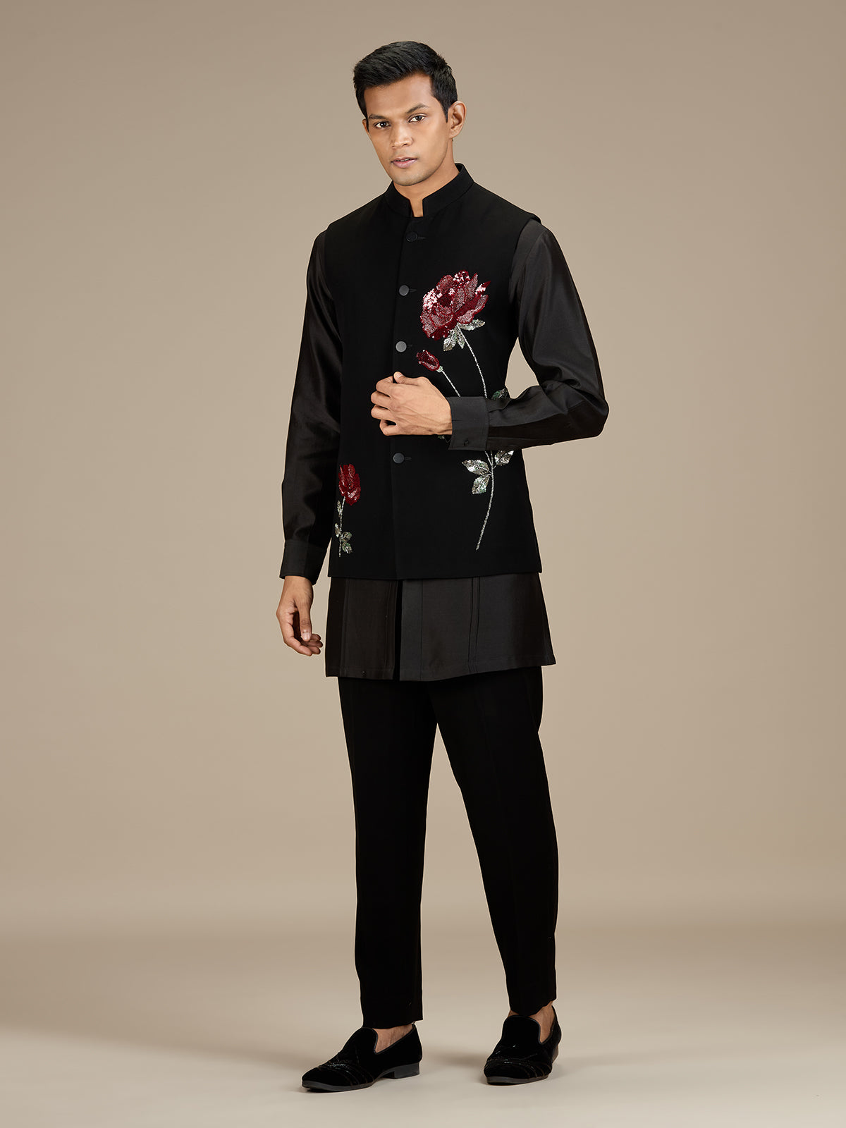 Black mens sophisticated embroidered nehru waistcoat set