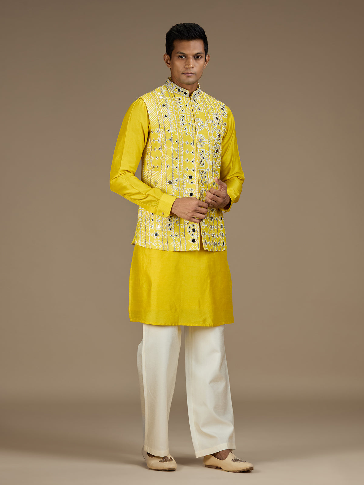 Yellow mens distinguished embroidered nehru waistcoat set