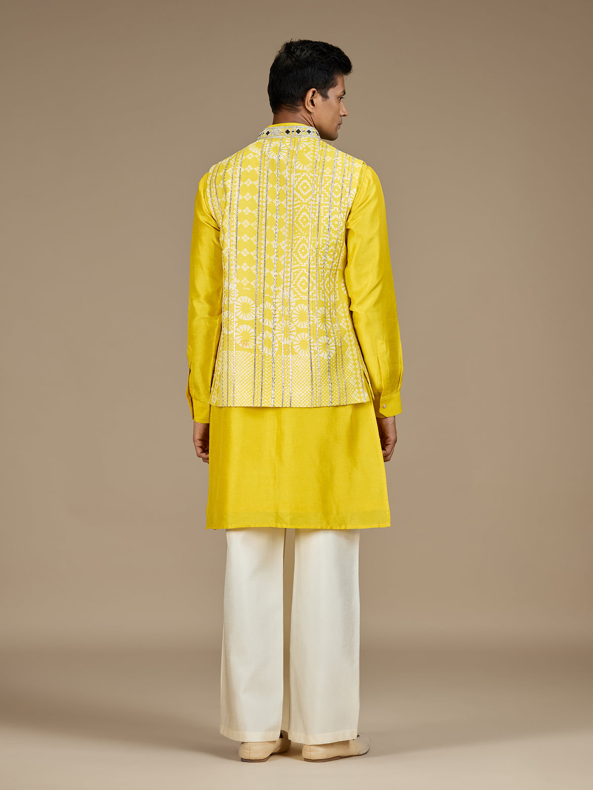 Yellow mens distinguished embroidered nehru waistcoat set