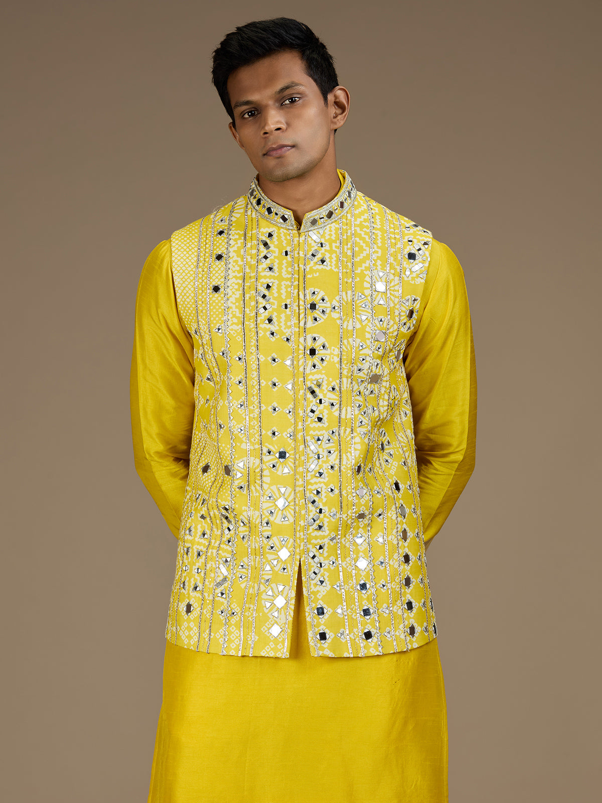 Yellow mens distinguished embroidered nehru waistcoat set