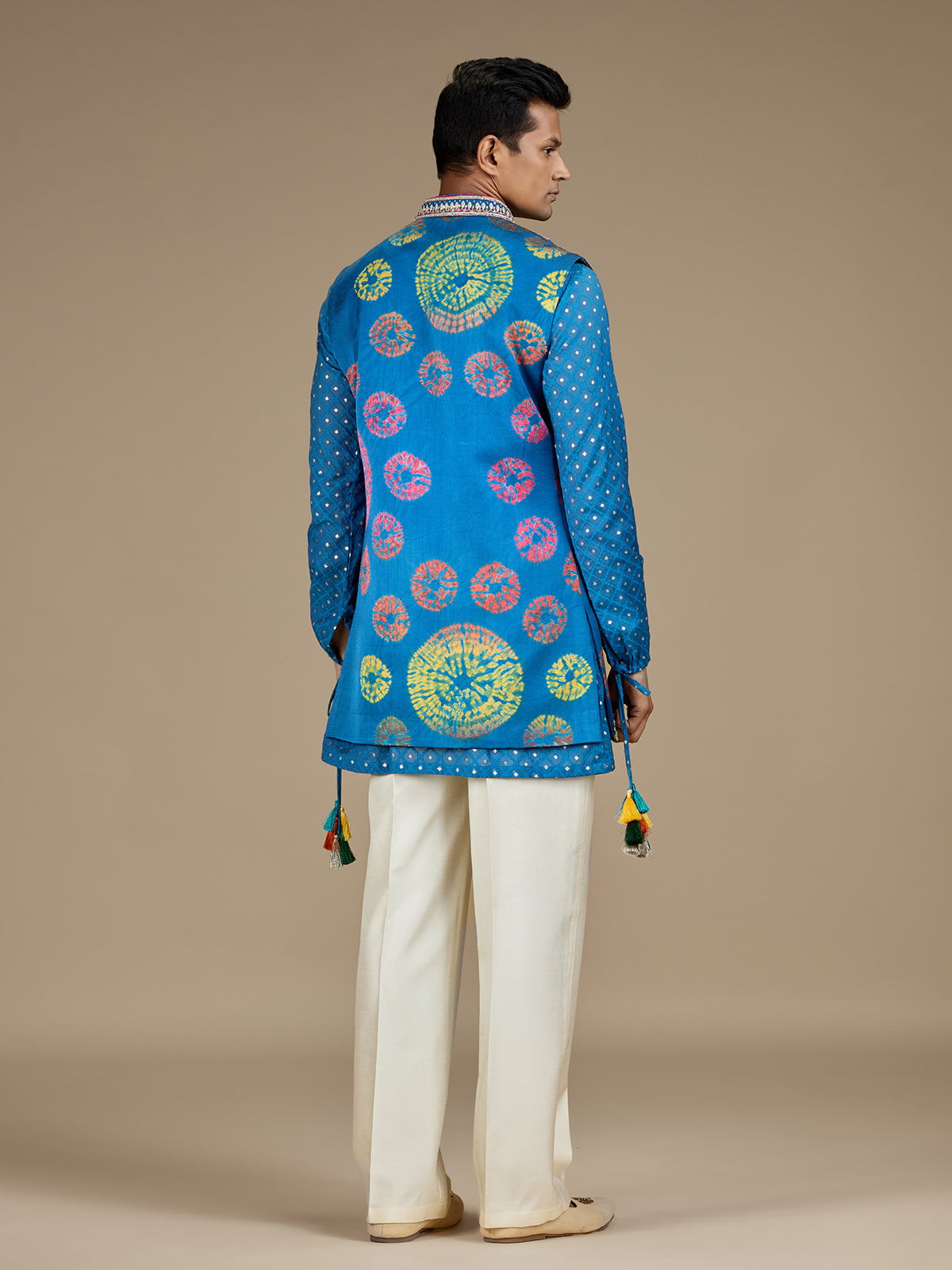 Blue mens majestic bandhani waistcoat kurta set