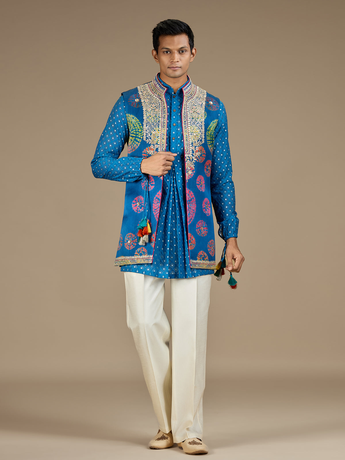 Blue mens majestic bandhani waistcoat kurta set