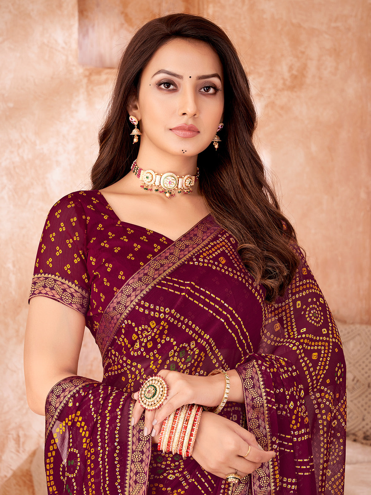 Wine chiffon festive wear saree with bandhani print