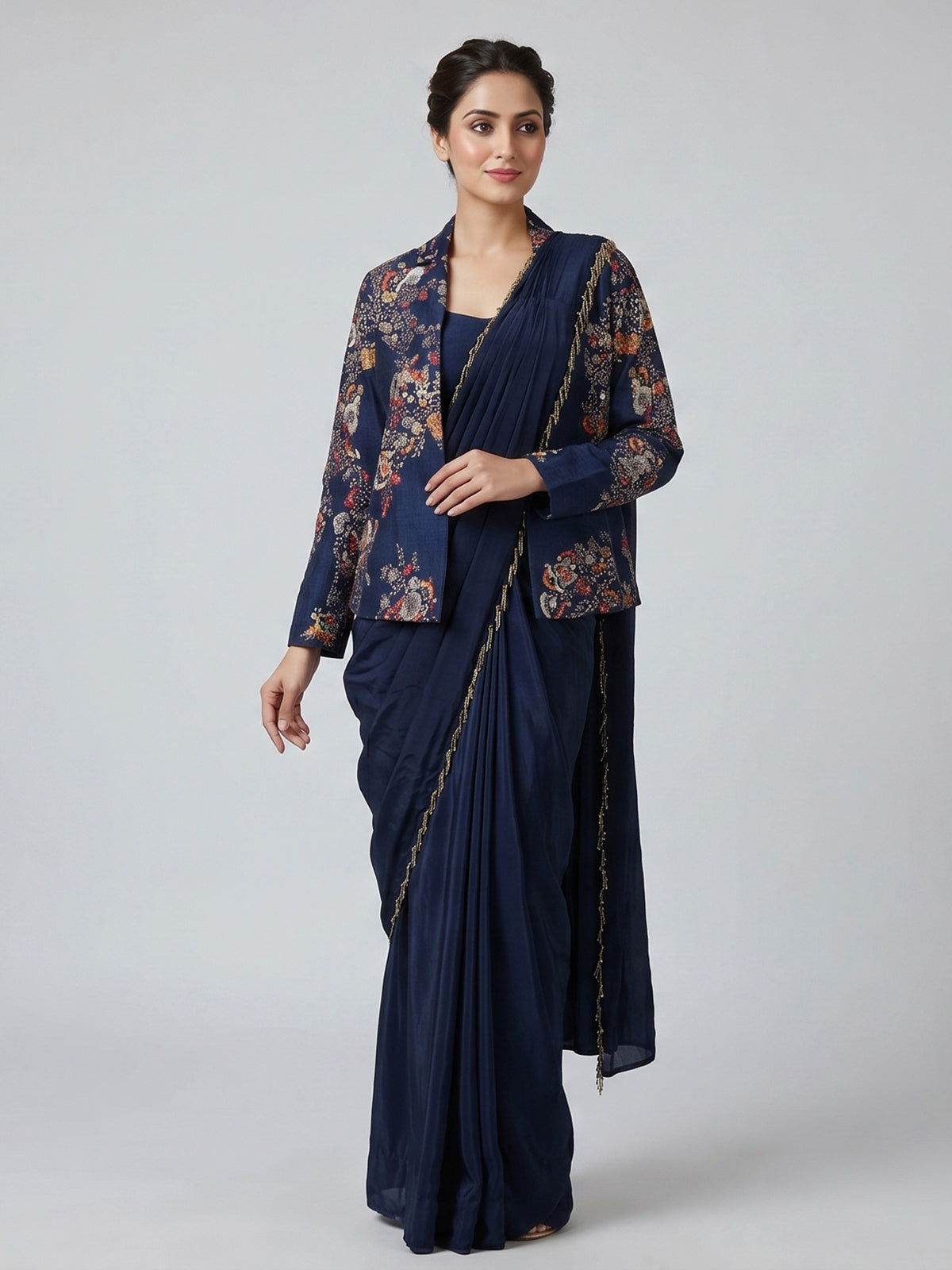 Navy blue dola silk designer ready to wear saree with jacket