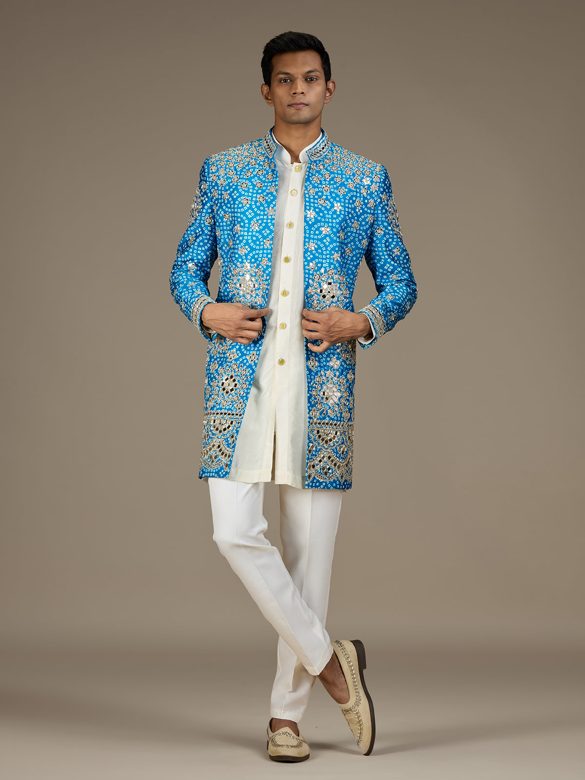 Blue mens regal bandhani indo western jacket set