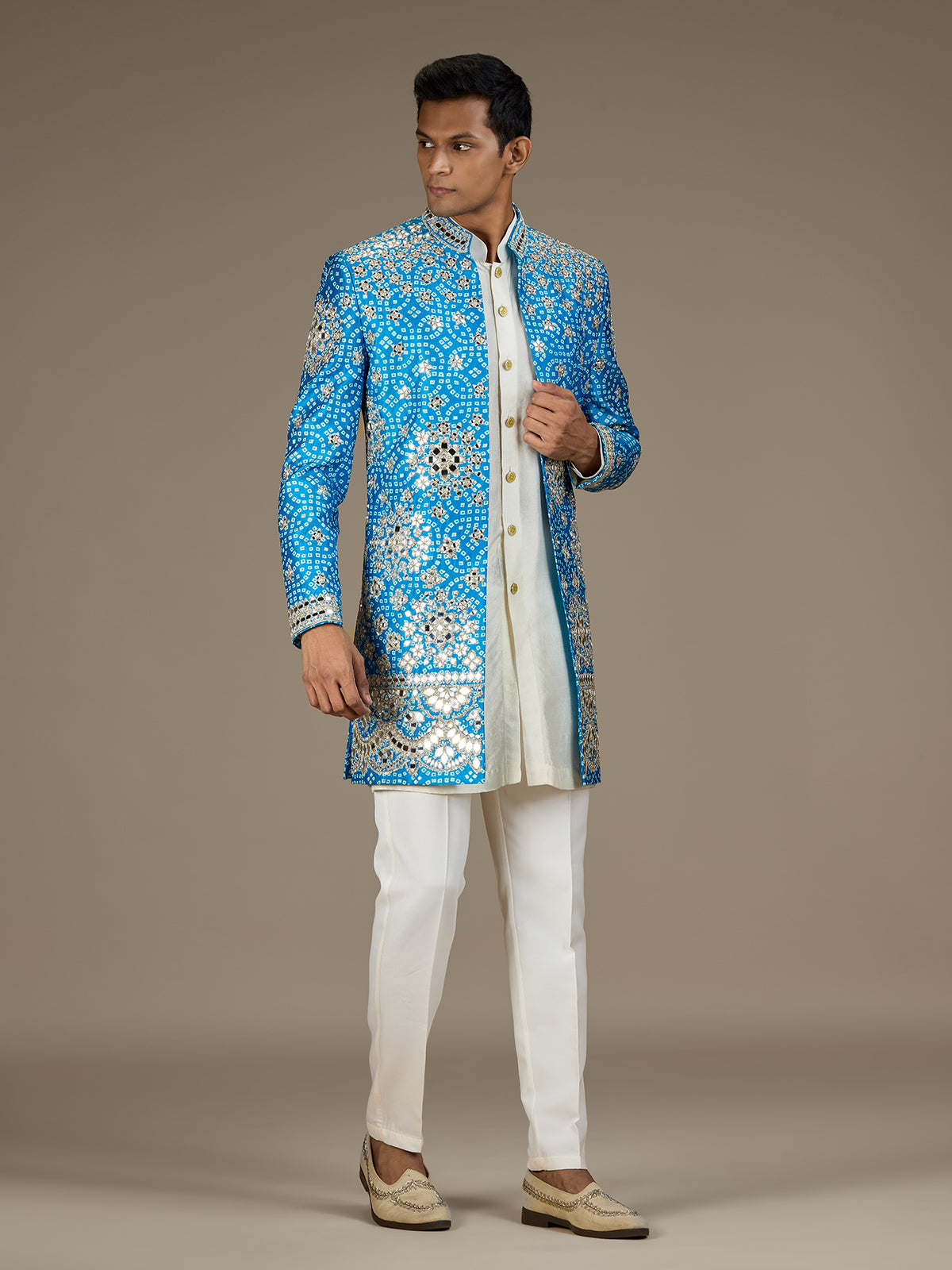 Blue mens regal bandhani indo western jacket set