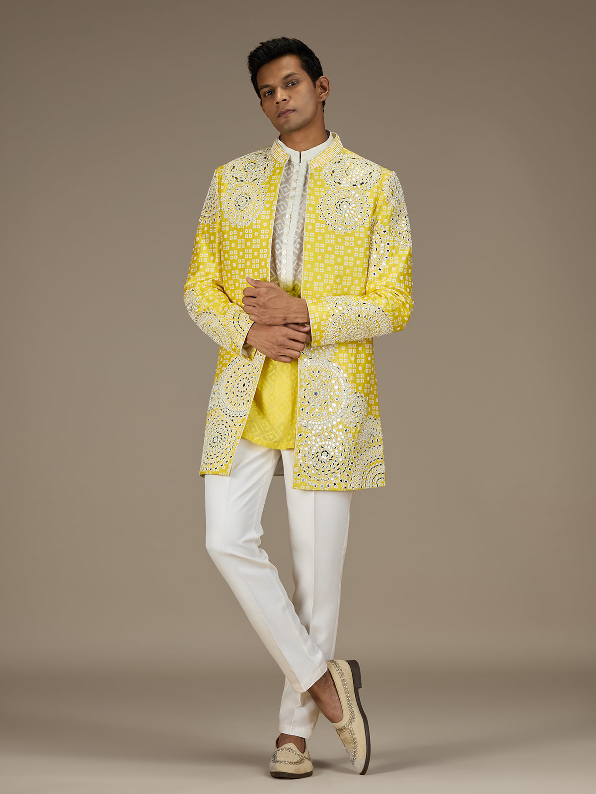 Yellow mens heritage indo western jacket ensemble