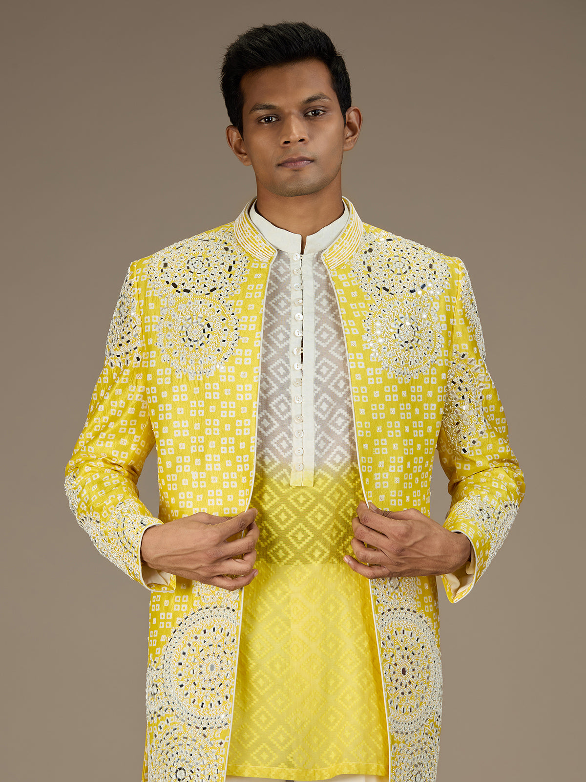 Yellow mens heritage indo western jacket ensemble