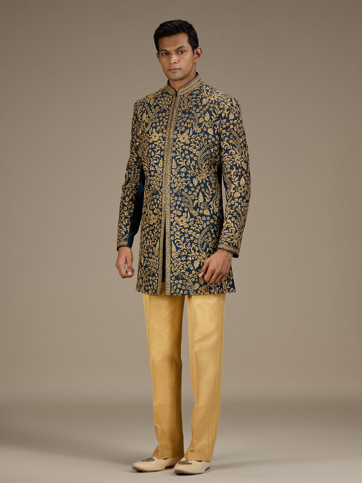 Blue mens heritage raw silk indo western set