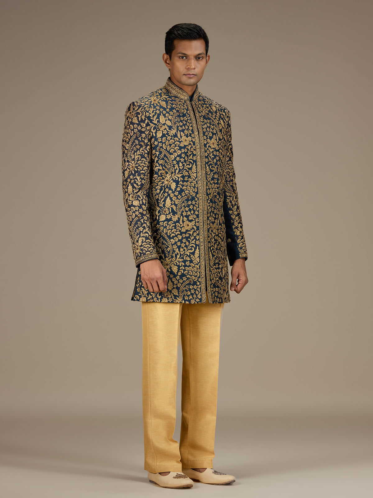Blue mens heritage raw silk indo western set