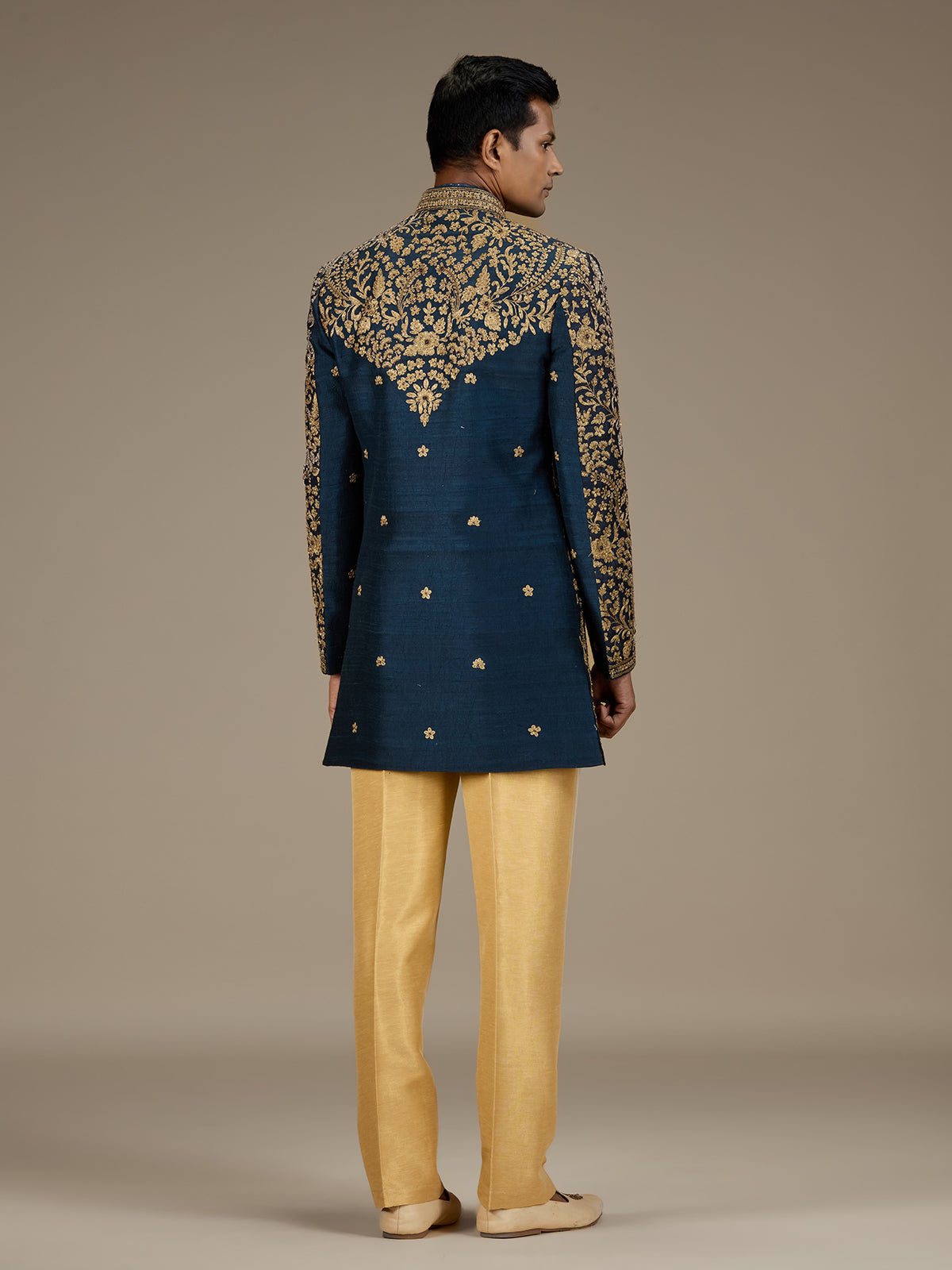 Blue mens heritage raw silk indo western set