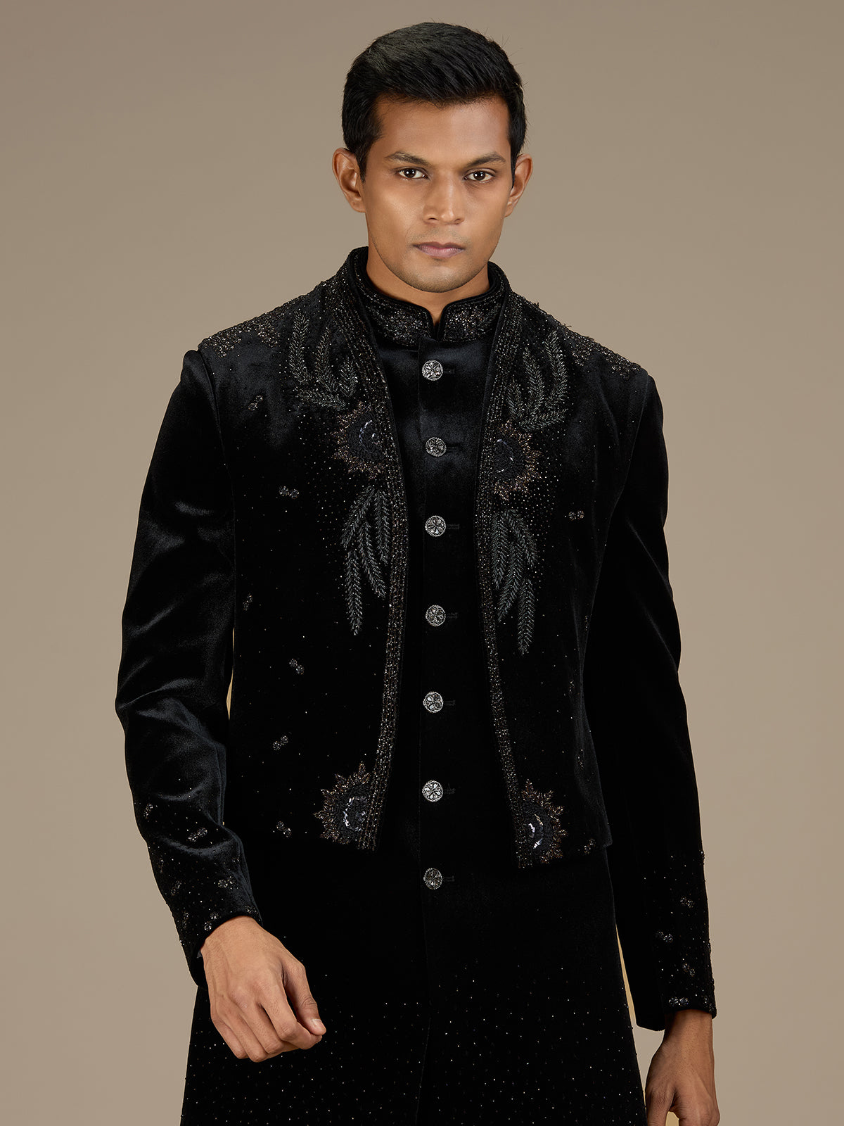 Black mens royal velvet indo western jacket set