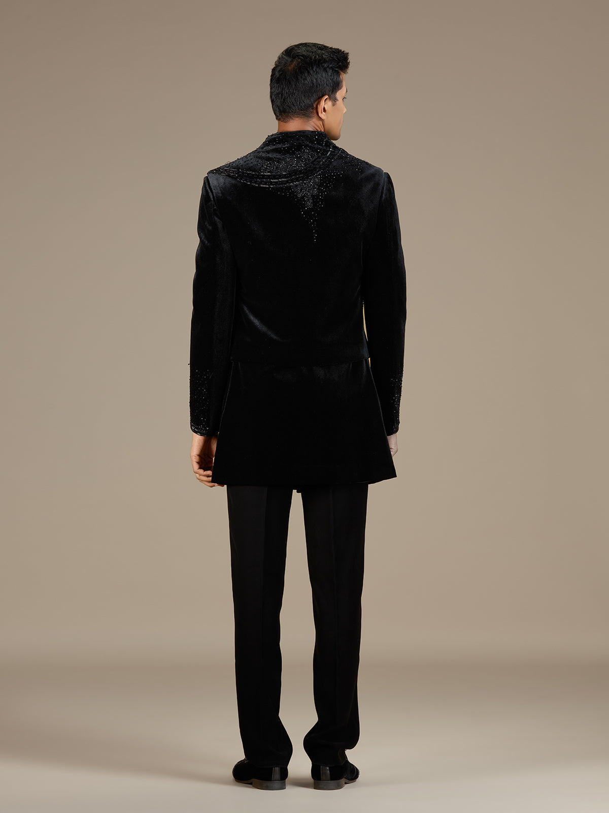 Black mens designer velvet indo western jacket set