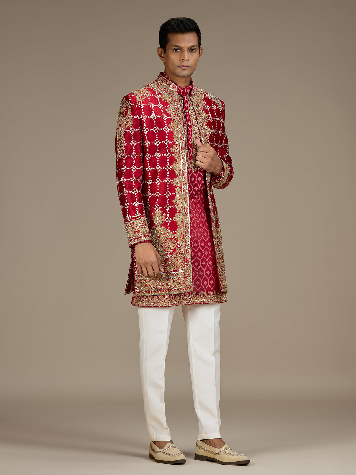 Red mens royal bandhani indo western jacket set