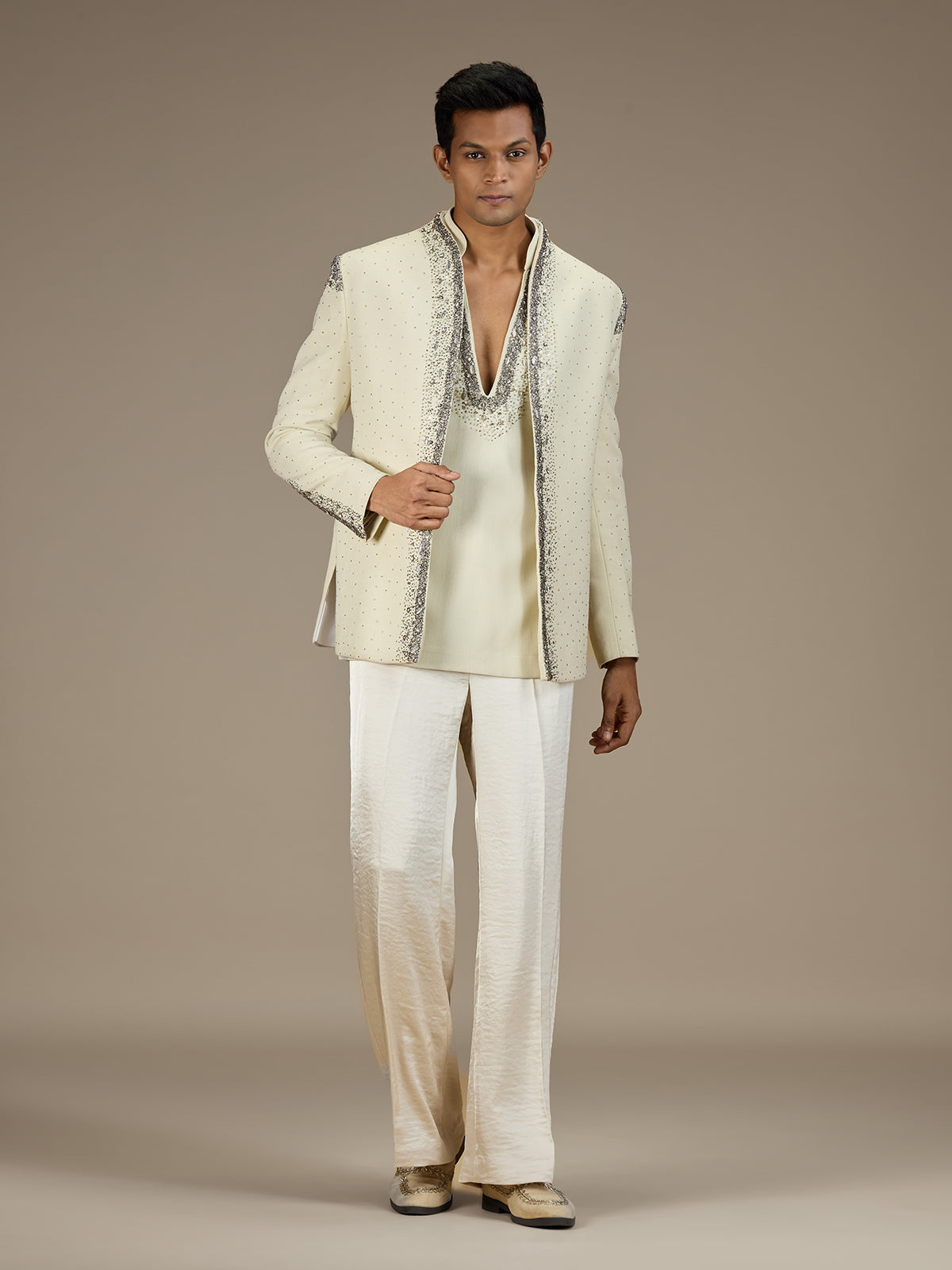 Beige mens premium short indo western jacket set
