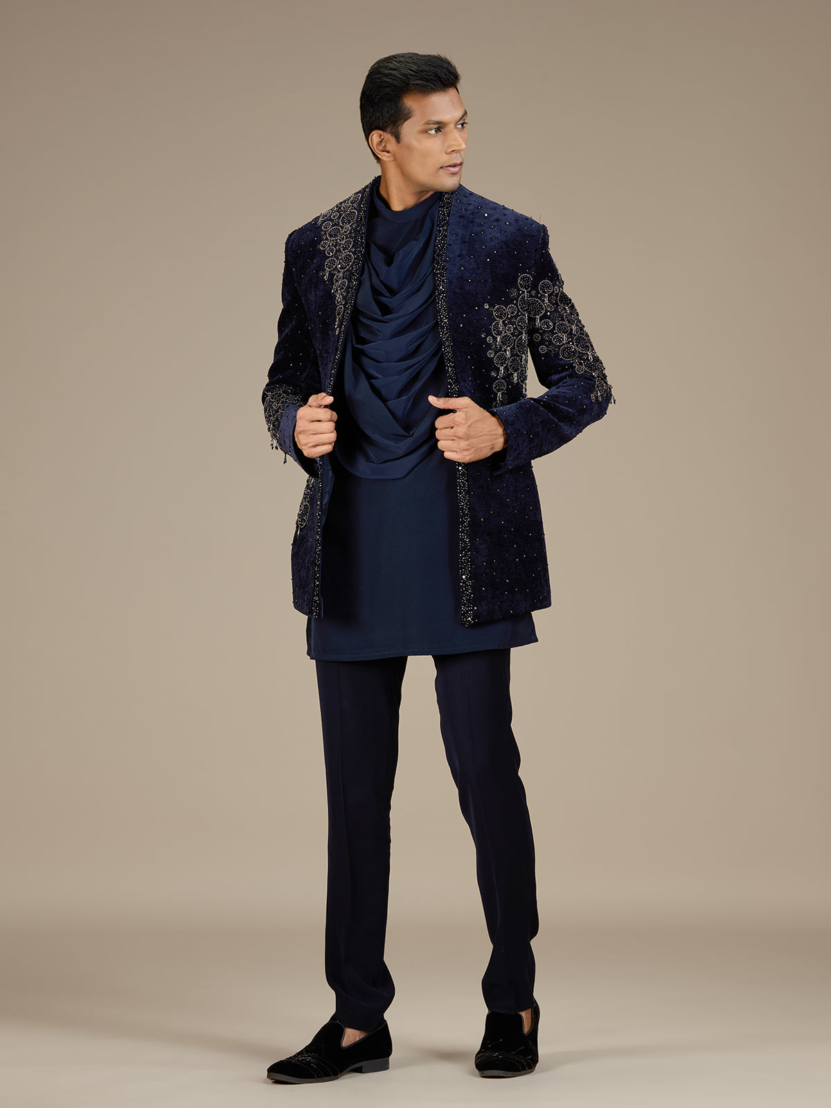 Navy blue mens luxury velvet indo western set