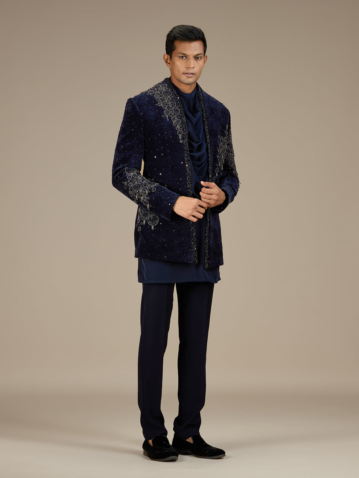 Navy blue mens luxury velvet indo western set