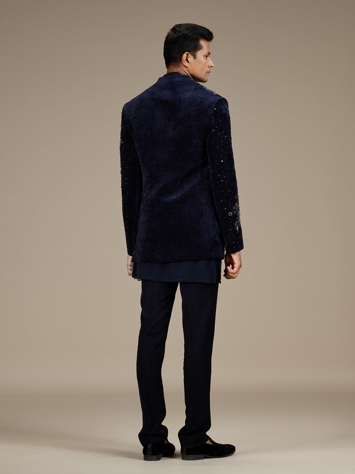 Navy blue mens luxury velvet indo western set