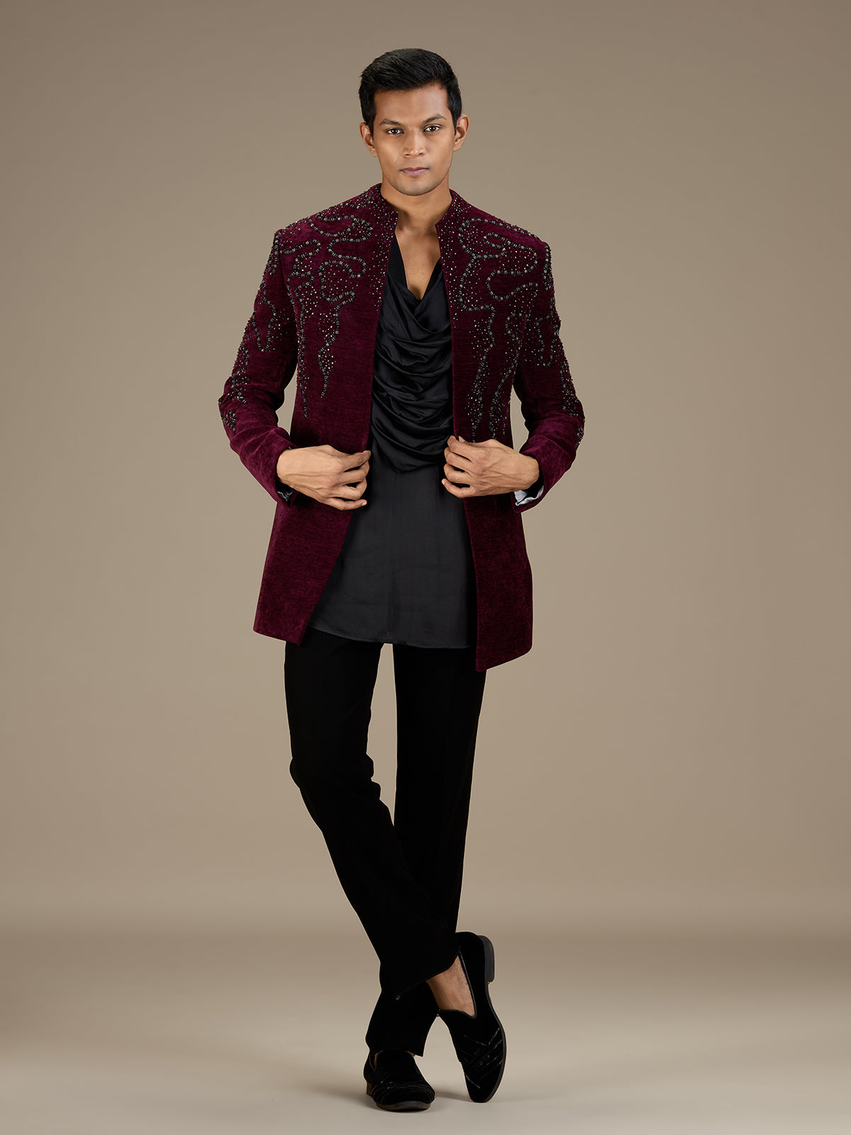 Maroon mens statement velvet indo western jacket