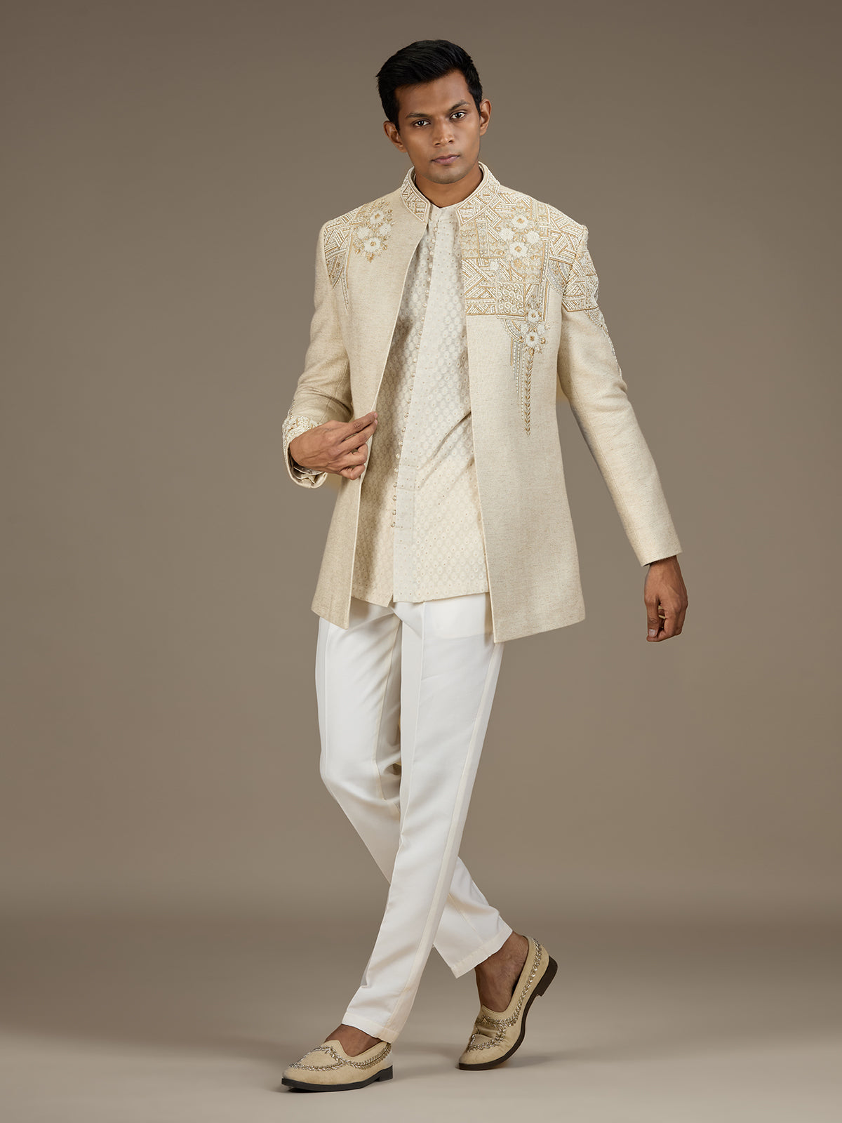 Beige mens artisanal indo western jacket set