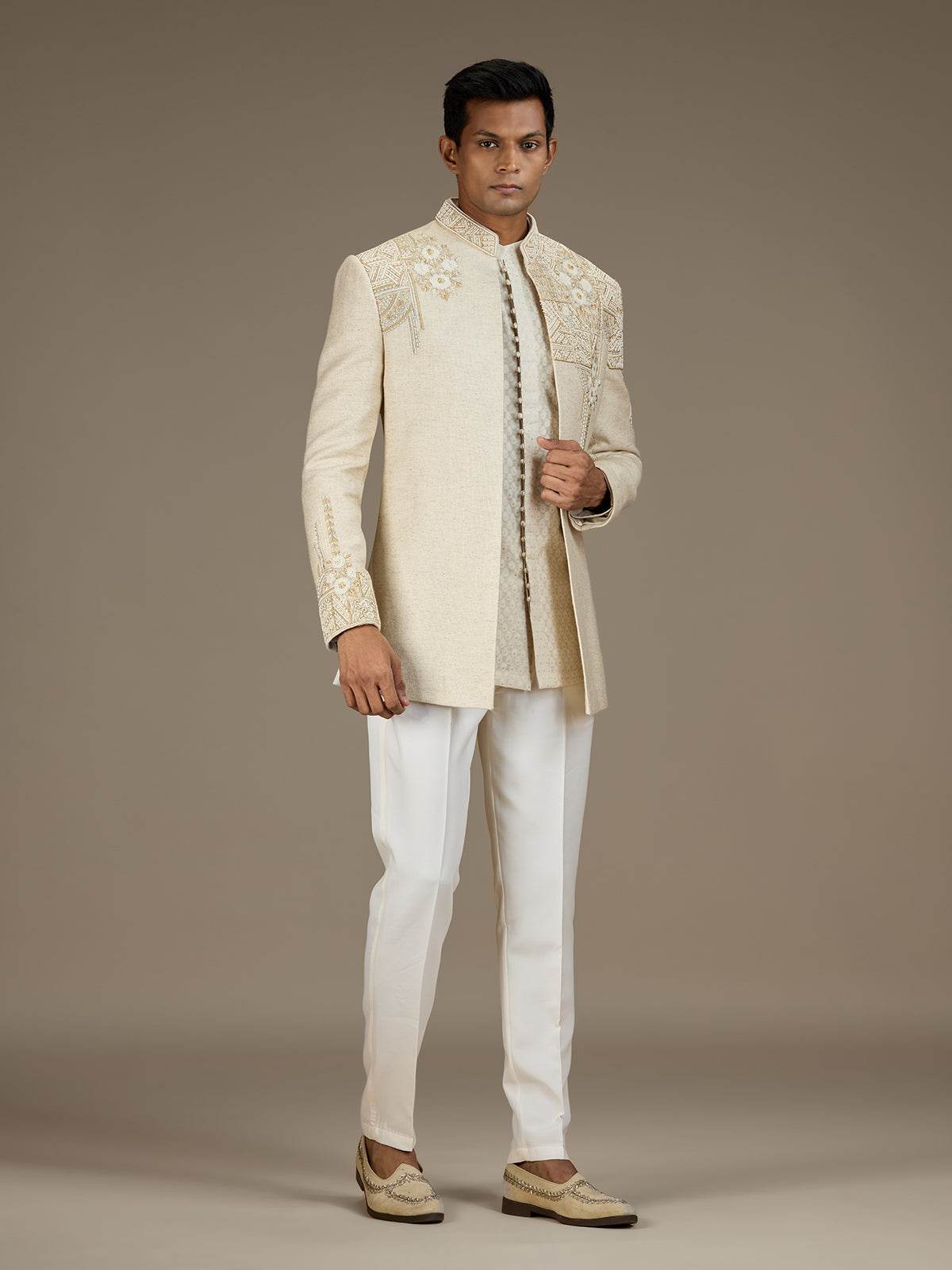 Beige mens artisanal indo western jacket set