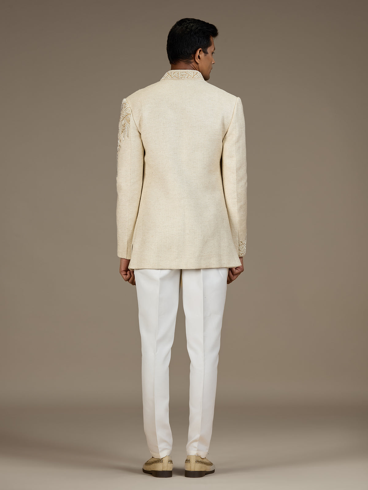 Beige mens artisanal indo western jacket set