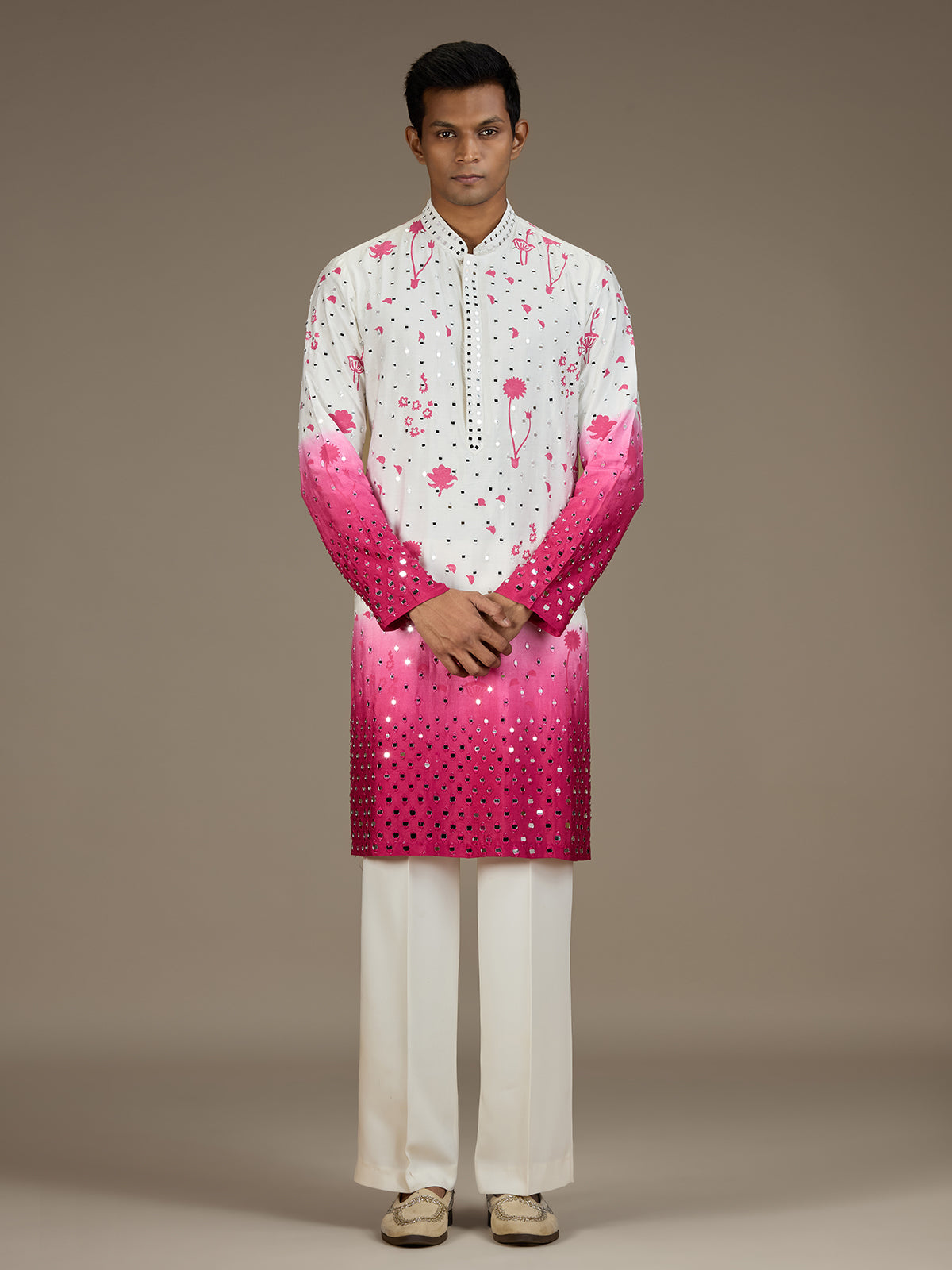 White pink mens artisanal silk kurta suit with dupatta