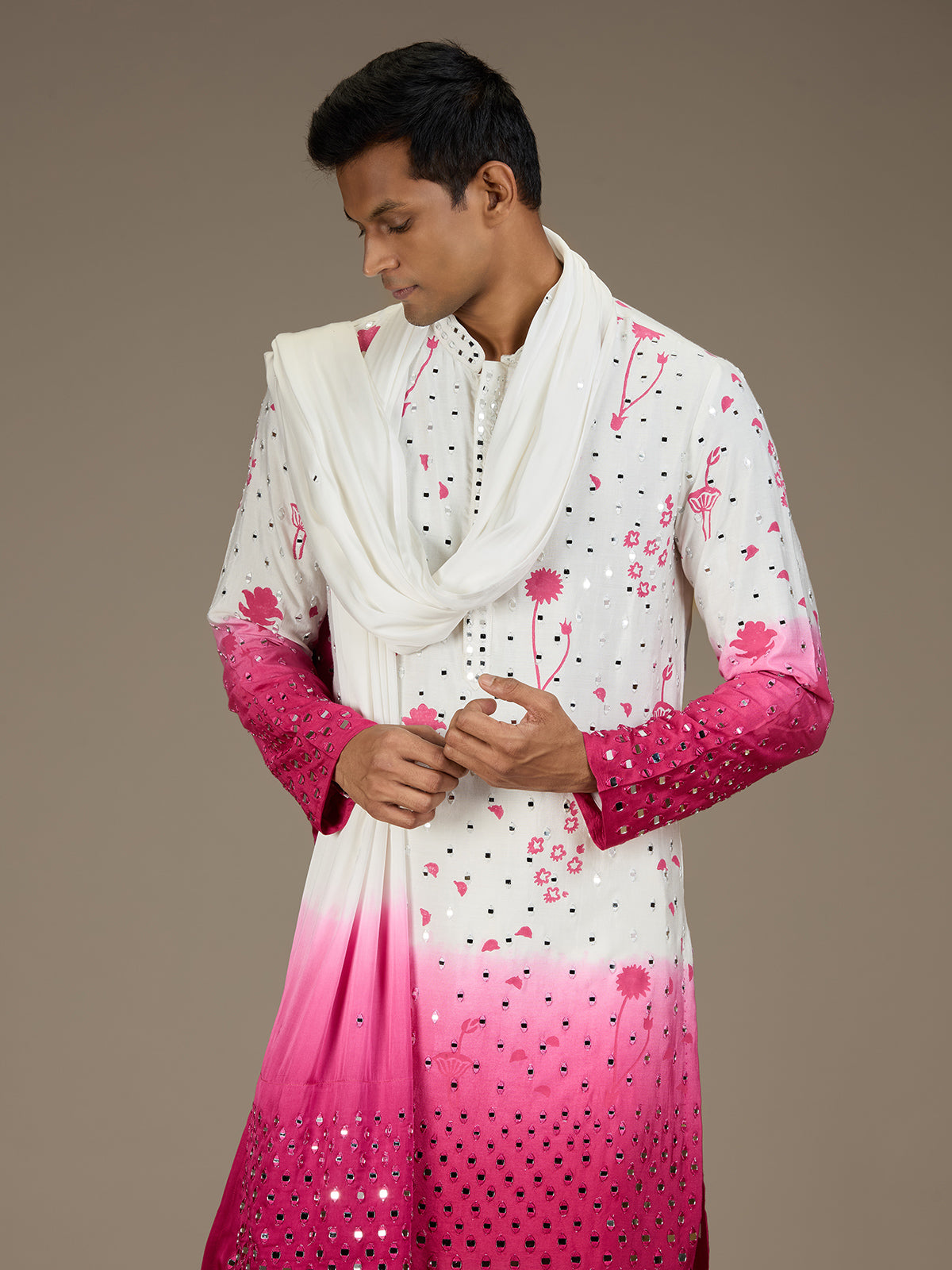 White pink mens artisanal silk kurta suit with dupatta